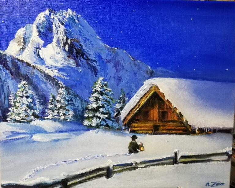 Ölgemälde Winterlandschaft mit Hütte